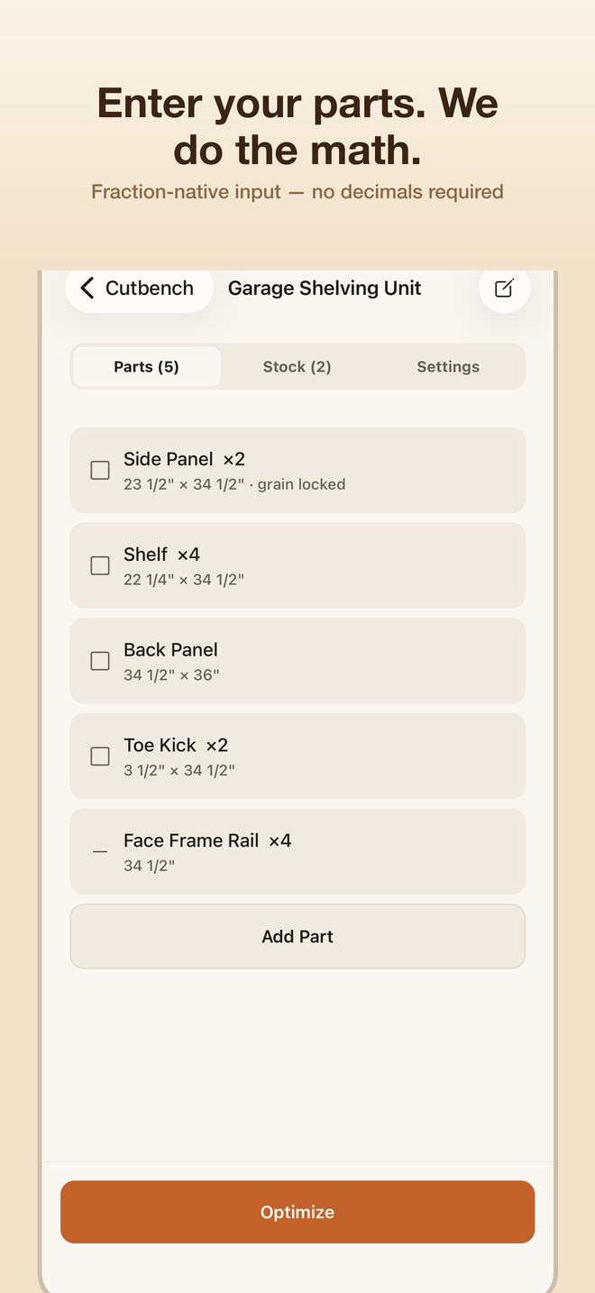 Cutbench parts list